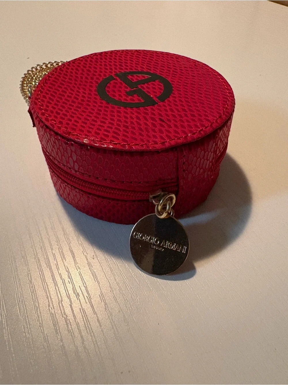 Giorgio Armani Red Round Cosmetic Case with Crossbody Chain NWOT